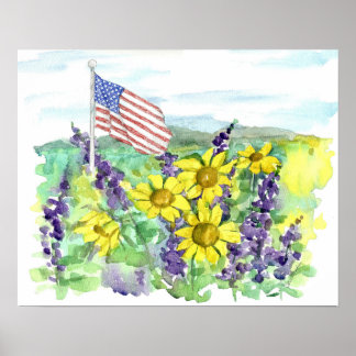 American Flag Desert Wildflowers Watercolor Sky Poster
