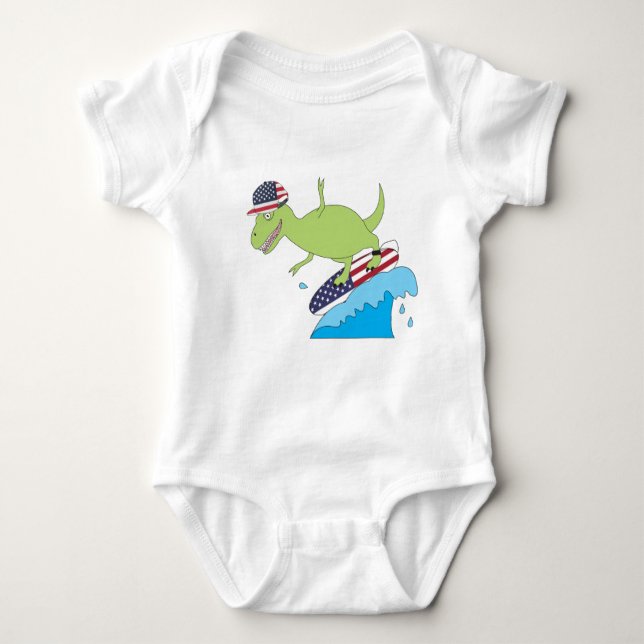 American Flag Dinosaur Surfing Baby Bodysuit (Front)