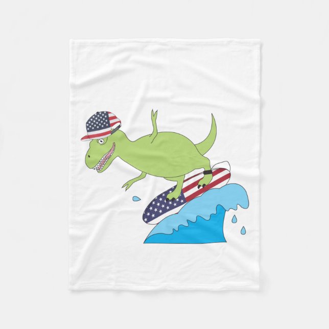 American Flag Dinosaur Surfing Fleece Blanket (Front)