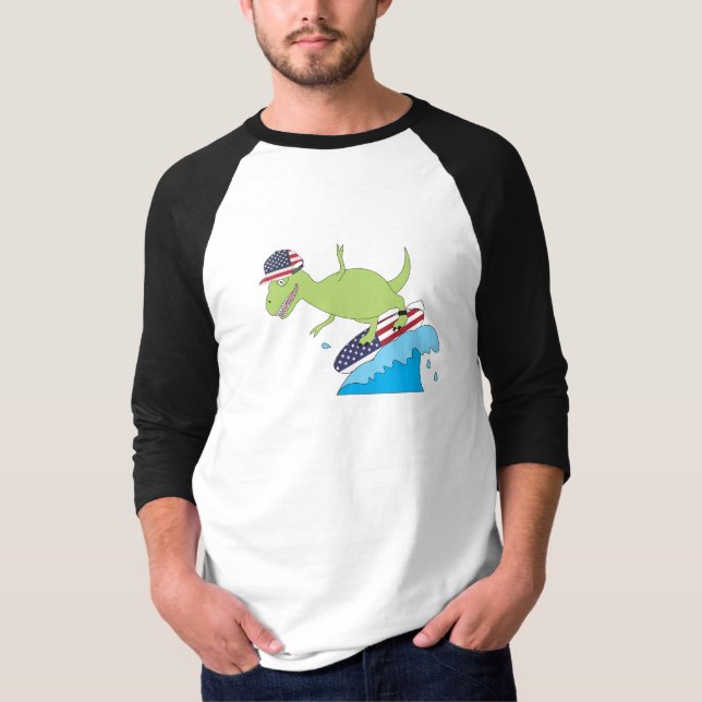 American Flag Dinosaur Surfing T-Shirt (Front)