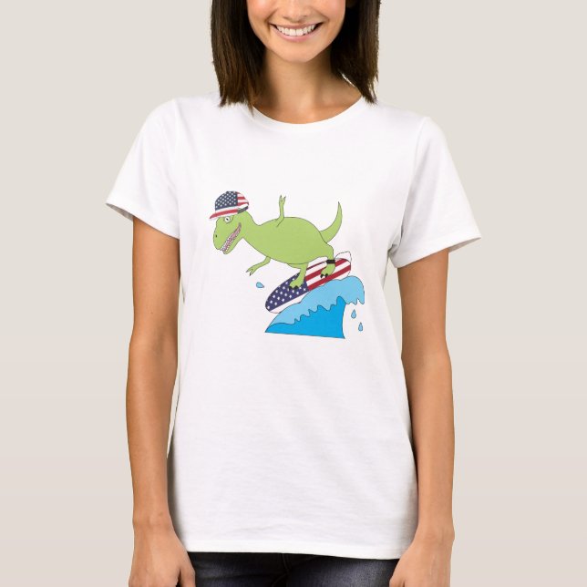 American Flag Dinosaur Surfing T-Shirt (Front)