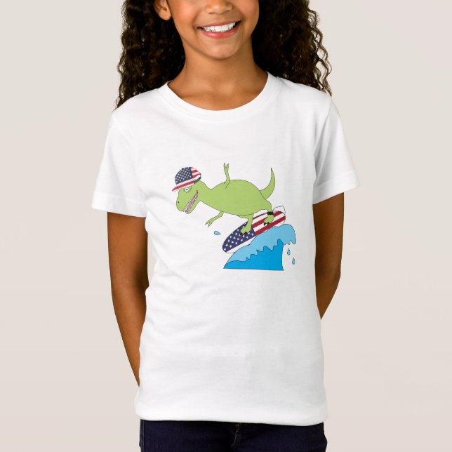 American Flag Dinosaur Surfing T-Shirt (Front)