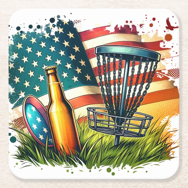 American Flag Disc Golf and Beer Square Paper Coaster (Front)