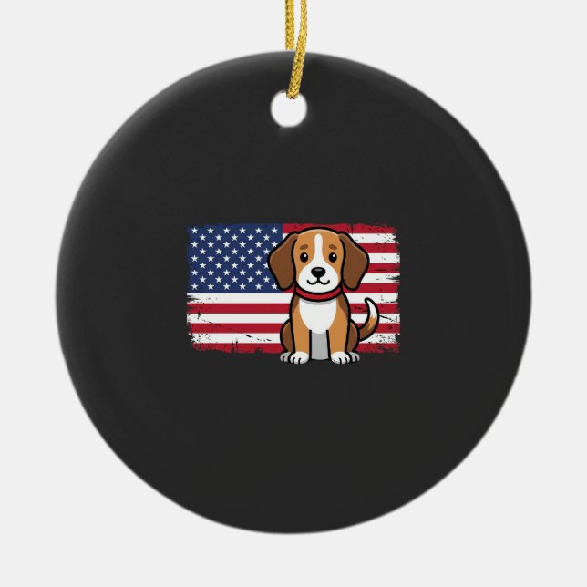American Flag Dog Patriotic Vector Ceramic Tree Decoration (Front)