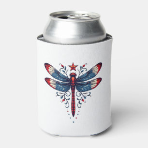 American Flag Dragonfly Patriotic 4th of July Red Can Cooler
