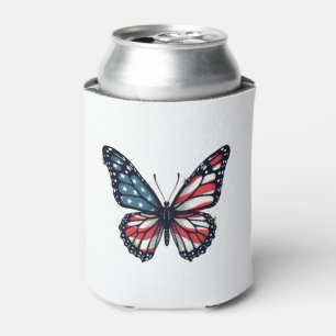 American Flag Dragonfly Patriotic 4th of July Red Can Cooler