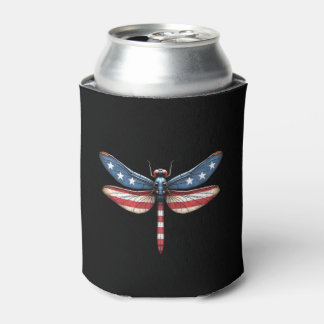 American Flag Dragonfly Patriotic 4th of July Red  Can Cooler