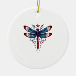 American Flag Dragonfly Patriotic 4th of July Red  Ceramic Tree Decoration