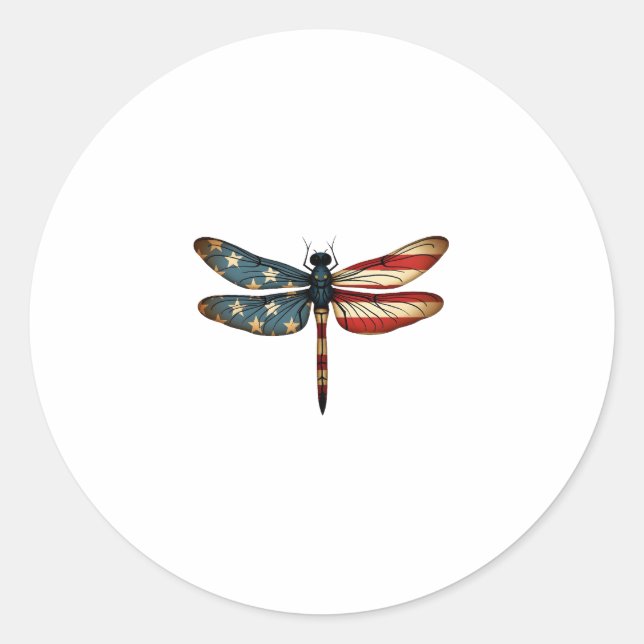 American Flag Dragonfly Patriotic 4th of July Red  Classic Round Sticker (Front)