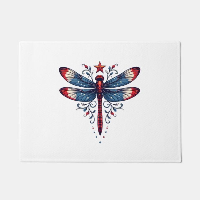American Flag Dragonfly Patriotic 4th of July Red  Doormat (Front)