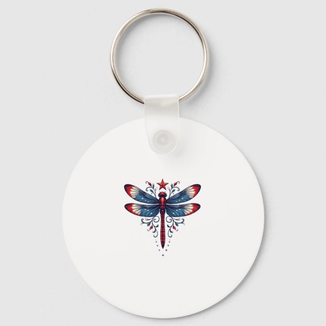 American Flag Dragonfly Patriotic 4th of July Red  Key Ring (Front)