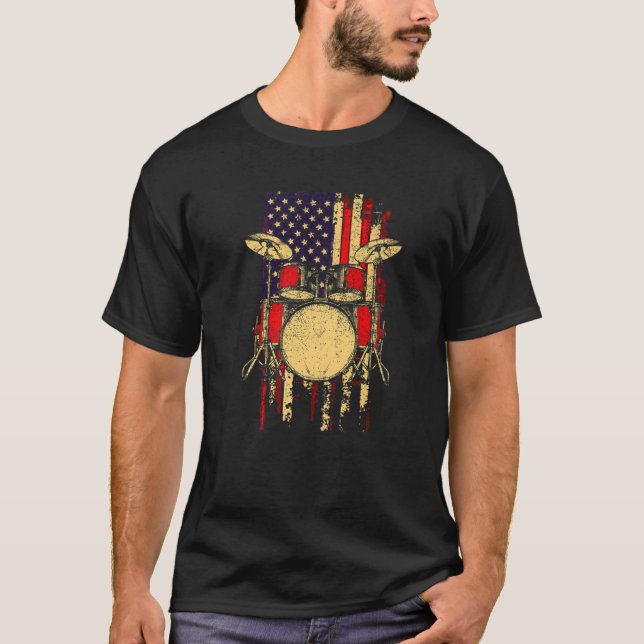 American Flag Drum Set Player Percussionists Drumm T-Shirt (Front)