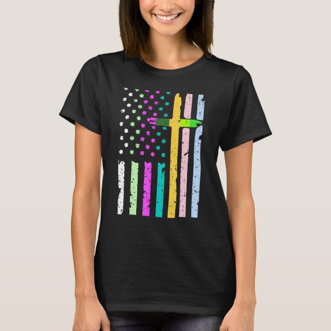 American Flag Eggs Easter Christian Happy Easter J T-Shirt (Front)