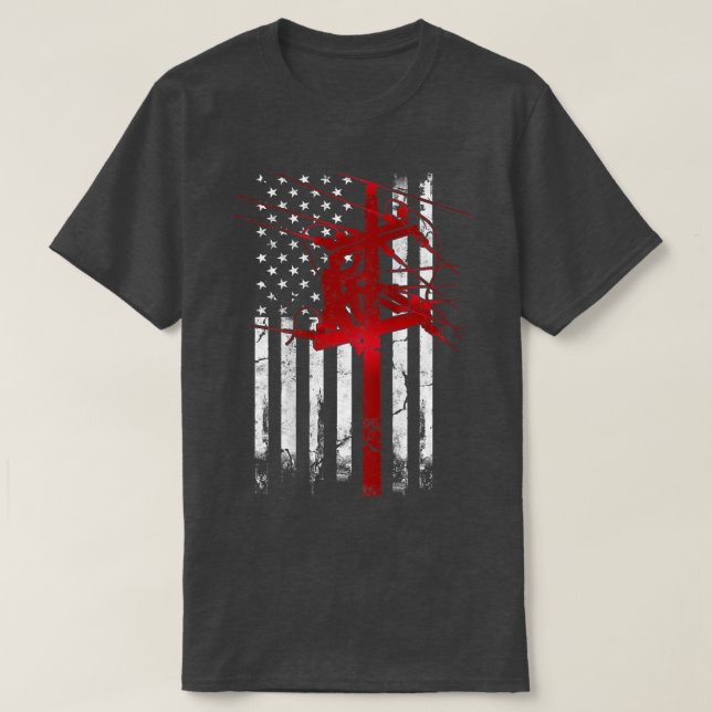 American Flag Electric Cable Lineman  T-Shirt (Design Front)