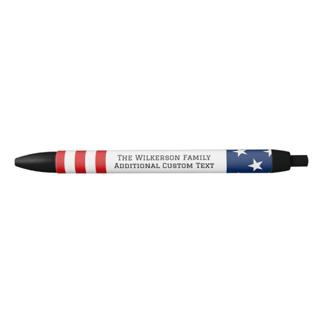 American Flag Family Name Custom Text Black Ink Pen (Front)