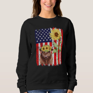 American Flag Farm Cow Sunflower Farming Highland Sweatshirt