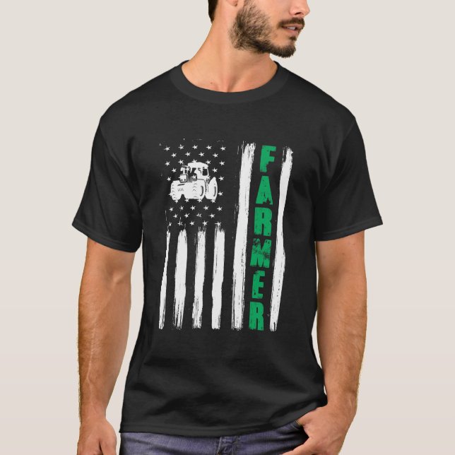American Flag Farmer Tractor Patriotic US Proud T-Shirt (Front)