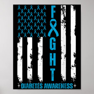 American Flag Fight Diabetes Awareness Blue Ribbon Poster