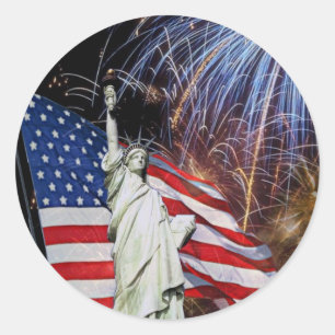 American Flag, Fireworks and Statue of Liberty Classic Round Sticker
