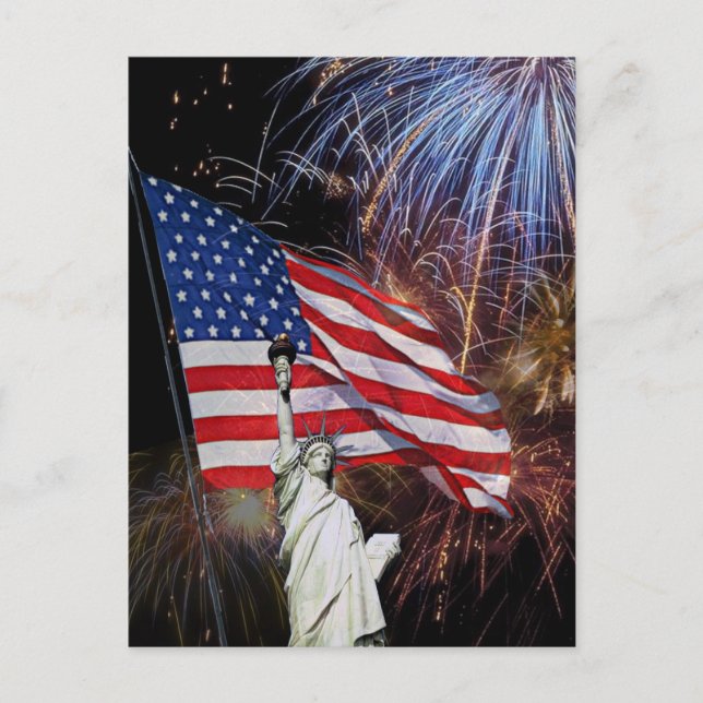 American Flag, Fireworks and Statue of Liberty Postcard (Front)