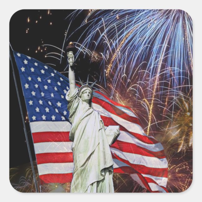 American Flag, Fireworks and Statue of Liberty Square Sticker (Front)