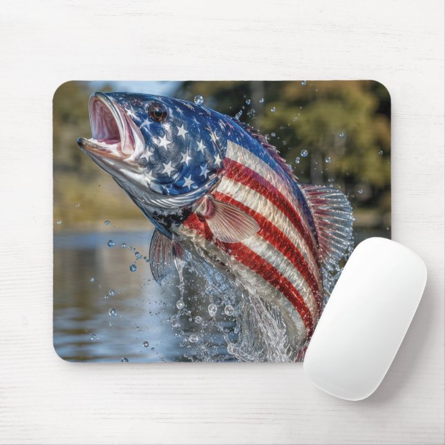 American Flag Fish Leaping out of Water Mouse Pad (With Mouse)