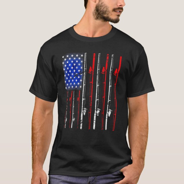 American Flag Fishing Rod Fishing T-Shirt (Front)