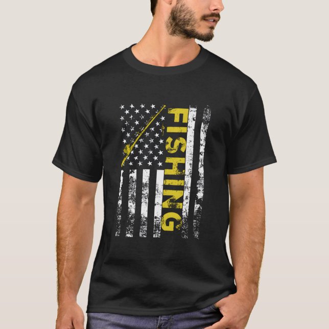 American Flag Fishing Rod Usa Patriotic T-Shirt (Front)