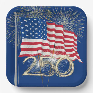 American Flag for 250th Birthday With Sparklers Paper Plate