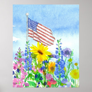 American Flag Garden Flowers Watercolor Sky Poster