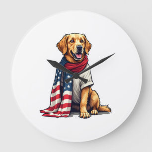 American Flag Golden Retriever Engraved Dog Lover  Large Clock