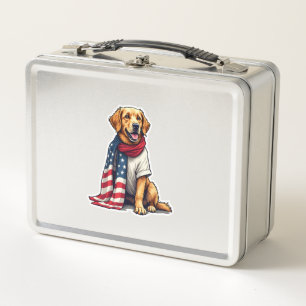 American Flag Golden Retriever Engraved Dog Lover  Metal Lunch Box