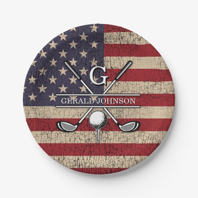 American Flag Golf Monogram Design Paper Plate (Front)