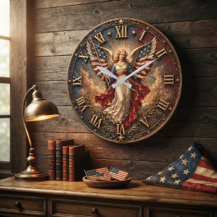 American Flag Guardian Patriotic Angel Large Clock