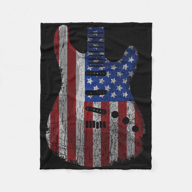 American Flag Guitar Funny Usa Guitarist 4th Of Ju Fleece Blanket (Front)