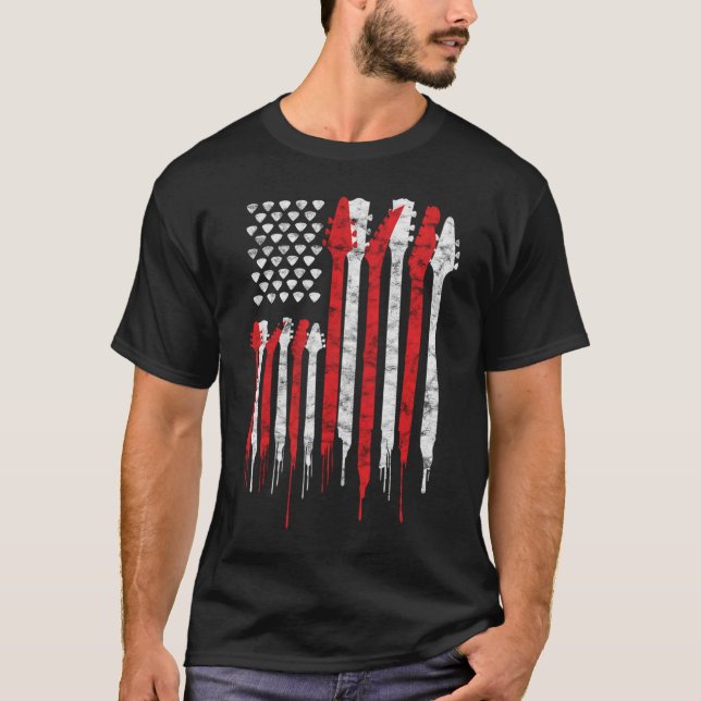 American Flag Guitar Red White Patriotic T-Shirt (Front)