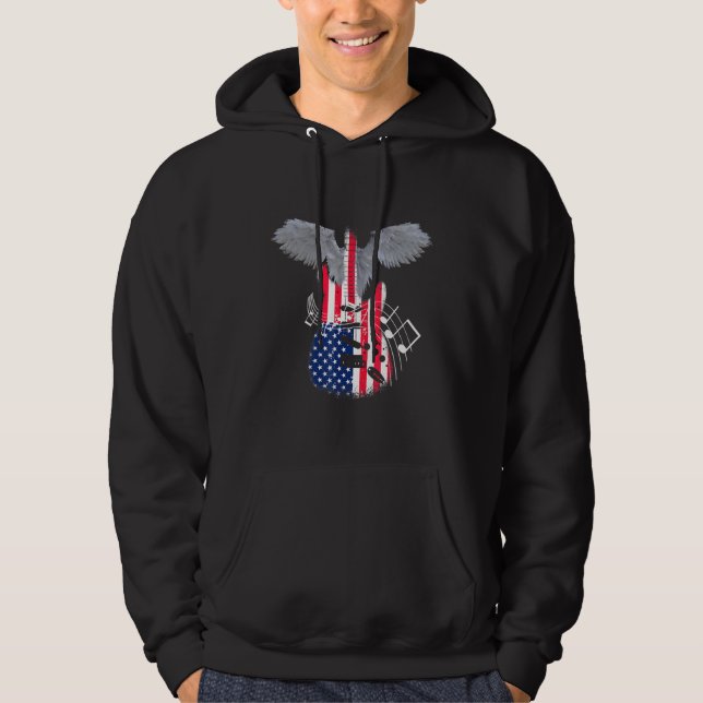 american flag guitar shaped- angel wing musician g hoodie (Front)
