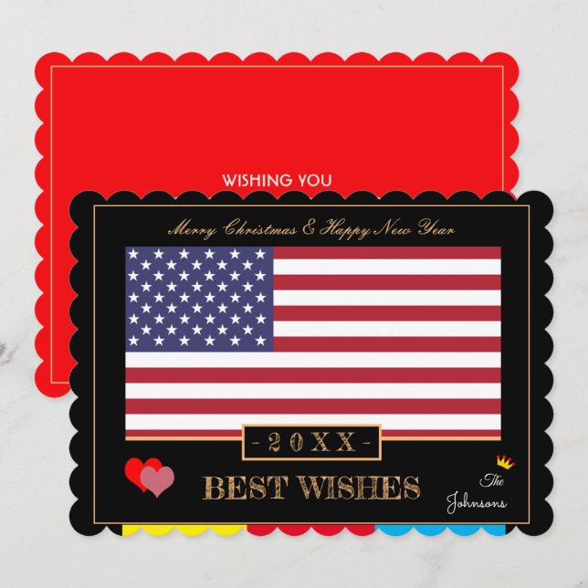 American Flag & Happy New Year /Best Wishes USA Holiday Card (Front/Back)