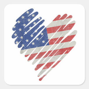American Flag Heart Red White Blue Cute 4th of Jul Square Sticker