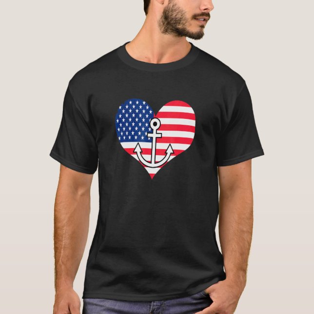 American Flag Heart With Anchor Lakelife Lake Life T-Shirt (Front)