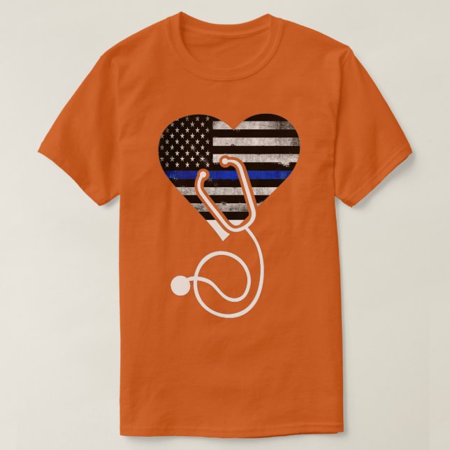 American Flag Heart with Police hin Blue Line Nurs T-Shirt (Design Front)