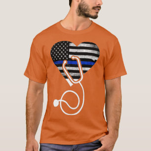 American Flag Heart with Police hin Blue Line Nurs T-Shirt