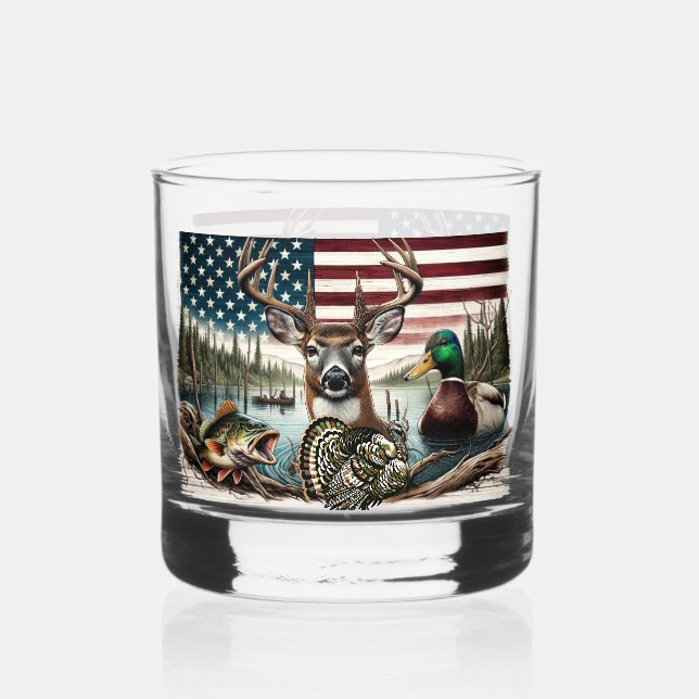 American Flag Hunting and Fishing Themed Whiskey Glass (Front)