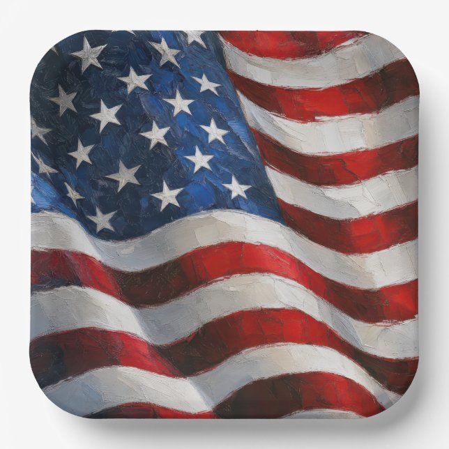 American Flag Impasto Paint Art Paper Plate (Front)