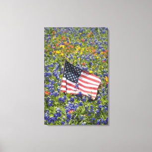 American Flag in field of Blue Bonnets, Canvas Print