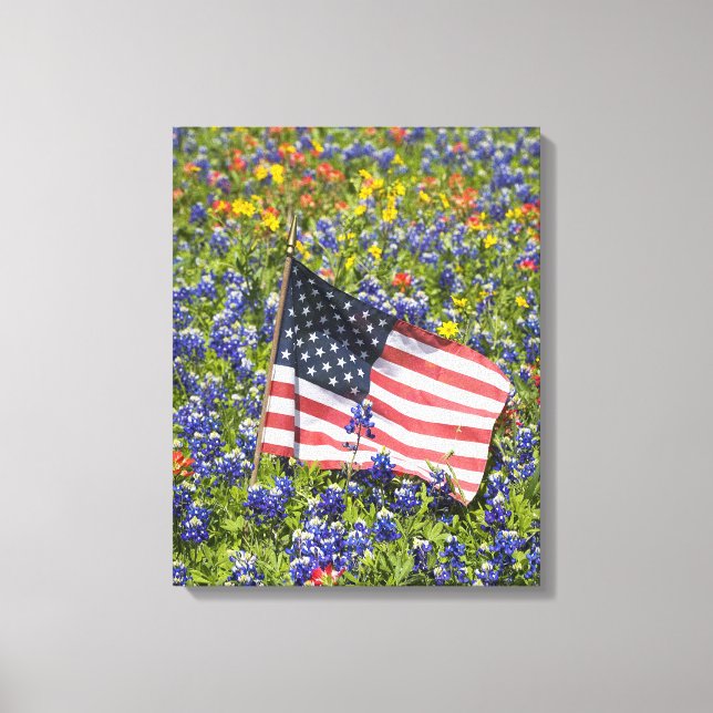 American Flag in field of Blue Bonnets, Canvas Print (Front)