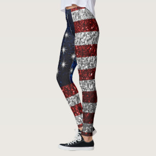 American Flag In Glitter Graphic Leggings