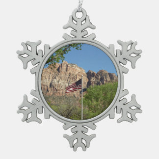 American Flag in Zion National Park II Snowflake Pewter Christmas Ornament