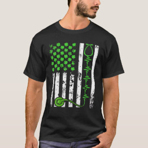 American Flag Irish Heartbeat Shamrock St Patricks T-Shirt