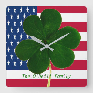 American Flag Irish Shamrock Clover St. Patrick Square Wall Clock